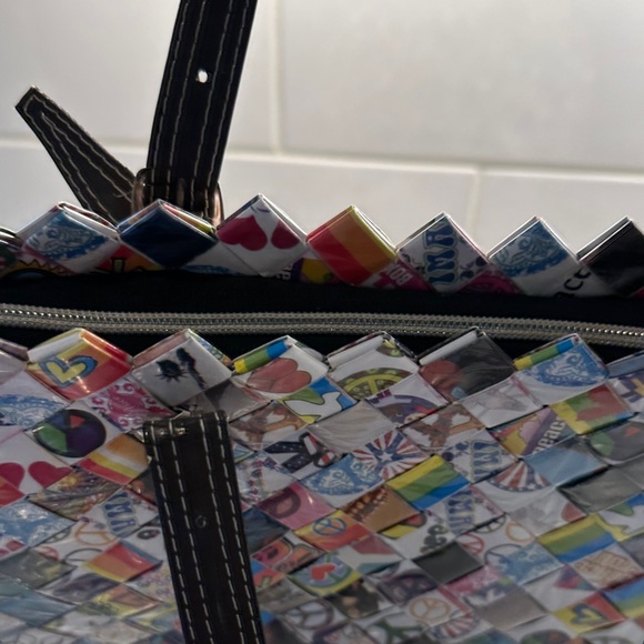 Nahui Ollin Colorful candy wrapper Woven Tote with Brown Handles - Picture 9 of 13